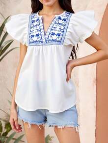 SHEIN Teen Girl Vacation Style Printed Notched Collar Ruffle Armhole Blouse
