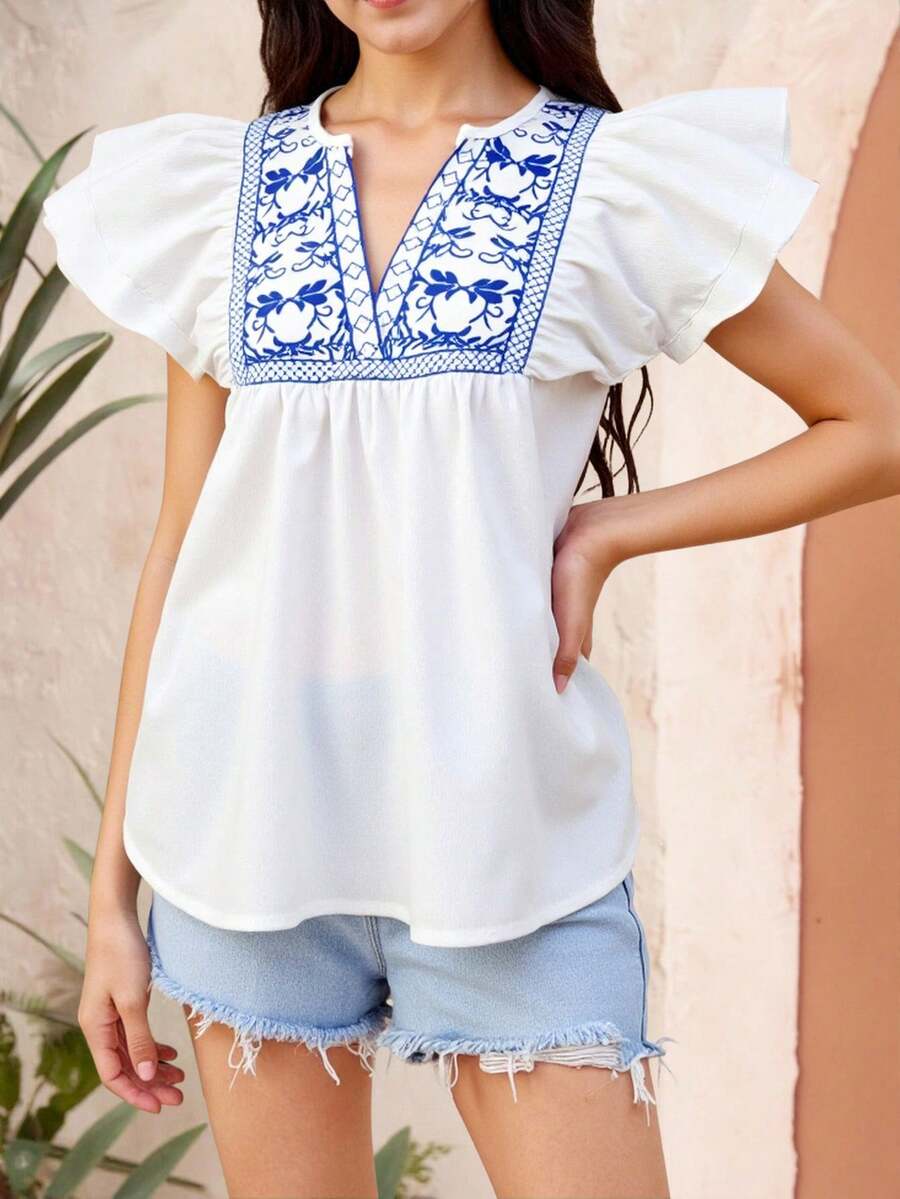 SHEIN Teen Girl Vacation Style Printed Notched Collar Ruffle Armhole Blouse