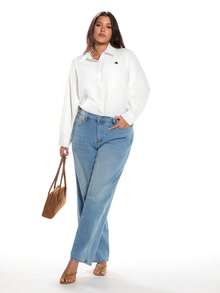 Solavibe Plus Size Women's Equestrian Print Long Sleeve Single-Breasted White Shirt, Spring/Summer, - White - View 5