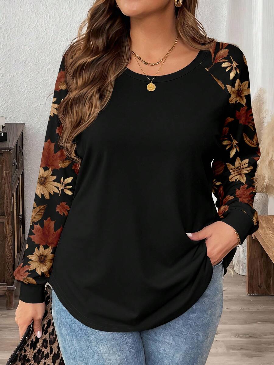 EMERY ROSE Áo thun cổ tròn tay raglan rộng rãi cho nữ cỡ lớn, phù hợp cho mùa xuân và mùa thu - Nhiều màu - Xem 1