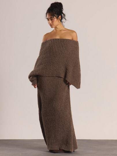 MUSERA Vestido Longo de Malha Grossa com Detalhe de Ombro Amplo, Decote Ombro a Ombro, Manga Longa, Casual, Saída, Noite, Sexy, Fofo, Natal, Aconchegante, Ação de Graças, Chique