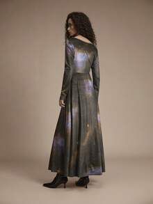 Florisole Women's Scoop Neck Drop Shoulder Long Sleeve Cinched Waist Long Dress Romantic  Party Season - Brown - View 2