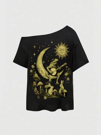 Fairycore Plus Size Mysterious Frog & Mushroom Graphic Basic Street Vintage Oblique Shoulder T-Shirt