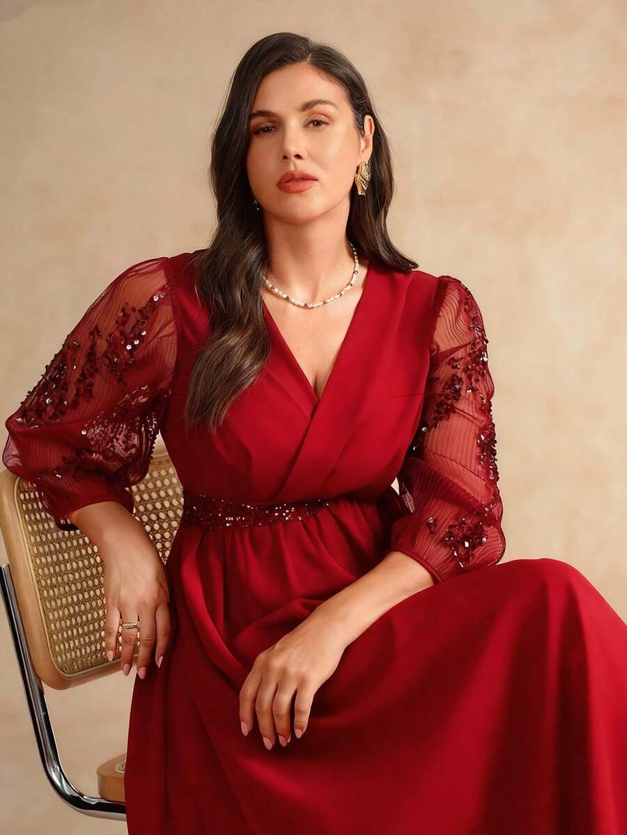 Flouryn Plus Size Women Elegant V-Neck Sequin Lace Patchwork Long Sleeve, Waist Cinched A-Line Long Black Chiffon Dress Suitable For Party, Gathering - Red - View 1