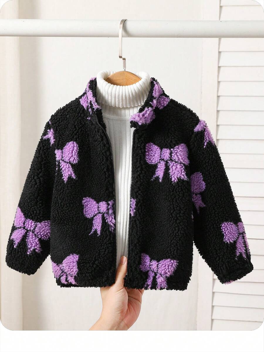 SHEIN Süße Baby-Mädchen Schleife Dekor Fleece Stehkragenjacke, lässig & vielseitig für Herbst/Winter - Schwarz - Übersicht 1