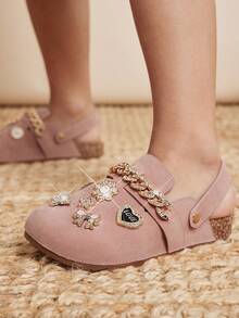 Mini mi #ShinySteps Kids' Jewel Decor Faux Suede Pink BS Back Strap Clogs – Sparkle Chain & Butterfly Charms For Little Princess Looks - Pink - View 4