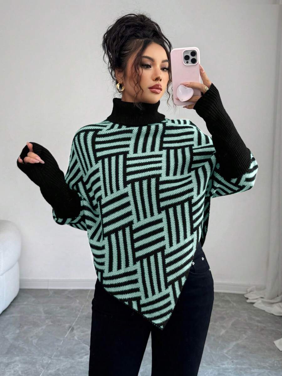 Elenzga Women's Elegant High Neck Geometric Textured Poncho Sweater, Colorblock, Suitable For Home & Travel, Spring/Autumn - Blue - View 1