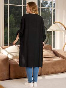 Rosumi Plus Size Women Black Color Roll Up Sleeve Casual Long Jacket Holiday Outfits Boho,Autumn,Fall Women's Clothes,Fall Clothes,Country Concert Clothing Outfits,Fall Women Clothes Winter