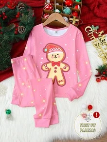 2 件套女孩可爱优雅圣诞姜饼图案针织圆领长袖上衣和紧身裤睡衣套装，舒适有弹性 - 粉色 - 查看 7