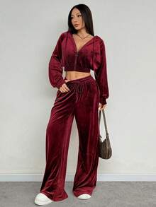 SHEIN EZwear 2pcs/Set Women's Casual Burgundy Front Zip Hoodie And Pants Set, Christmas2 Piecese Outfit,Fall,Fall Clothes For Women - Burgundy - View 6
