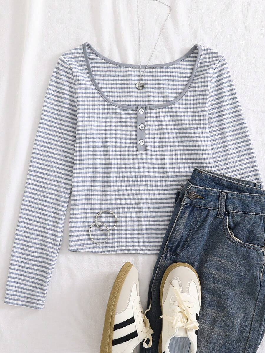 Áo thun cardigan cổ tròn kẻ sọc dài tay đa năng cho bé gái tuổi teen, mùa thu/đông - Xám - Xem 1