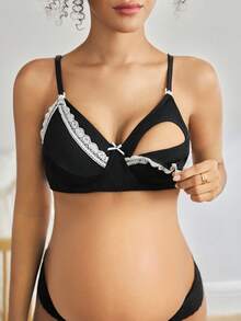 Moonlight&Mama 优雅撞色蕾丝边孕妇文胸 - 黑與白 - 查看 7