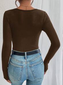 SHEIN Frenchy 蕾絲拼接修身心形領長袖連身衣 冬季棕色 - 棕色 - 查看 2