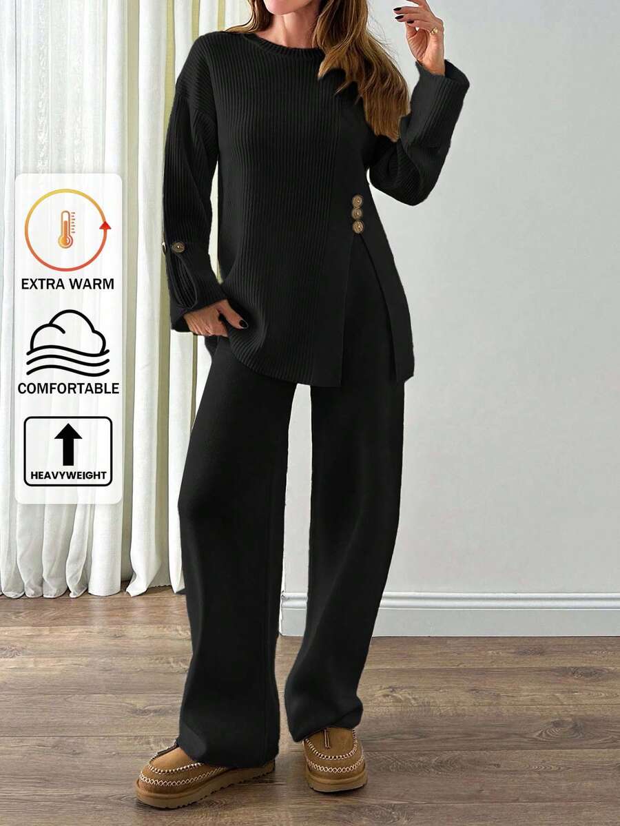EURMUSE 2pcs/Set Women's Fashionable Design Loose Knit Sweater With Side Slit And High Waist Wide Leg Pants, Autumn/Winter - Black - View 1