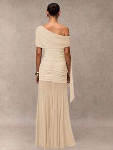 SHEIN BAE Women's Solid Color Asymmetric Shoulder Ruched Fishtail Hem Elegant Dress - Apricot - View 2