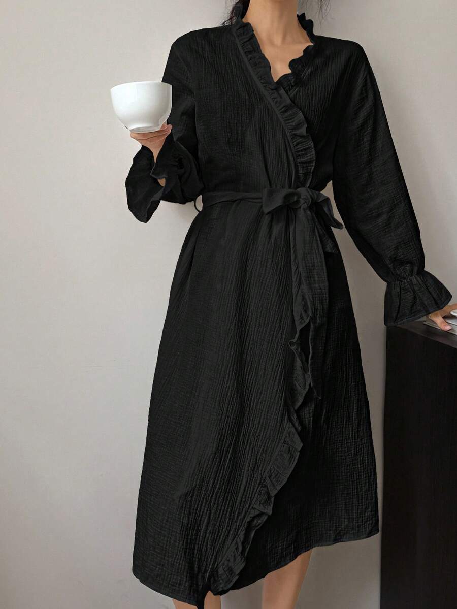 DAZY Romantic Ruffled Hem Long Wrap Around Robe For Women - Black - View 1