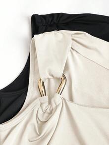 Sweetra Women's Solid Color Metal Decor Ruched Asymmetric Fitted Fashion Tank Top - Multicolor - View 4