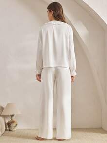 Ocili Romantic Ruffle V-Neck Women Pajama Set, Winter Clothes - White - View 2