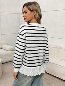 Easowa Striped Print Guipure Lace Hem Drop Shoulder Sweatshirt In Fall/Winter - Black and White - View 2