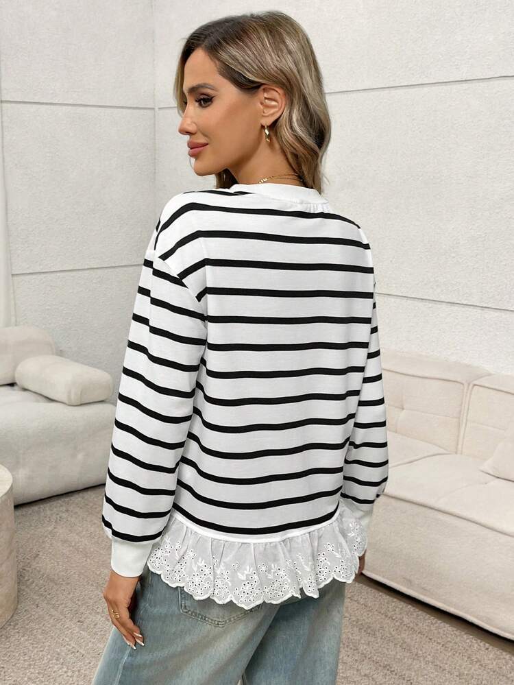 Striped Print Guipure Lace Hem Drop Shoulder Sweatshirt In Fall/Winter