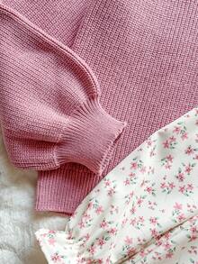 Vintaside Kids 2pcs Girls Cute Knitted Cardigan Ditsy Floralnt Dress Set, Autumn/Winter - Dusty Pink - View 4