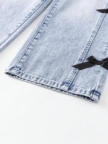 SHEIN ChillGRL Quần jean denim xanh ống rộng thời trang cổ điển cá tính, mặt trước xẻ tà, giặt tẩy, thắt nơ, ống rộng ôm sát, đa năng, phù hợp mọi mùa, phong cách thường ngày - Rửa trung bình - Xem 3