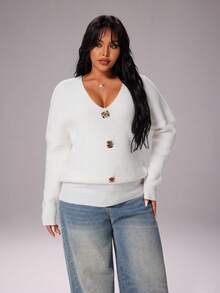 Rustia Plus Size Women V-Neck Gold Metal Button Embellished Pullover Sweater, Autumn/Winter Casual - White - View 4