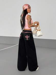 SHEIN Tall 女士口袋纽扣十字刺绣图案休闲百搭日常穿着阔腿牛仔裤 - 黑色 - 查看 2