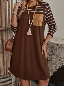 EMERY ROSE Plus Size Striped Print Splicing Casual Daily Long Sleeve Dress Fall Cloth For Women - Khaki - View 4