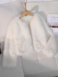 SHEIN Sparklyn 优雅时尚的白色人造毛皮夹克，适合青少年女孩，适合冬季外出、约会、休闲穿着