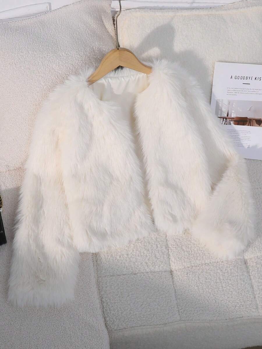 SHEIN Sparklyn 优雅时尚的白色人造毛皮夹克，适合青少年女孩，适合冬季外出、约会、休闲穿着