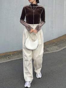 FRIFUL Femmes Top décontracté à col roulé, manches longues, ajusté, bicolore. Automne/Hiver - Marron - Voir 2