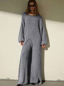 Aveloria Modichic 2pcs Set: Stylish Asymmetric Hem Long Sleeve Sweater & Pants, Casual Loungewear - Grey - View 5