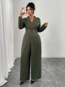 SHEIN Elenzya Bộ đồ liền thân tay dài ve áo thanh lịch cỡ lớn dành cho nữ - xanh quân đội - Xem 4