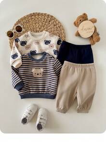 新生男宝宝可爱卡通图案针织长袖卫衣裤套装，秋冬款 - 彩色 - 查看 1