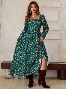 Roveilla Plus Size Elegant Ditsy Floral Long Dress,Women's Dark Green Long Sleeve Bohemian Maxi Dresses,Autumn Cottagecore Floral Print Tea Party Dress - Multicolor - View 4
