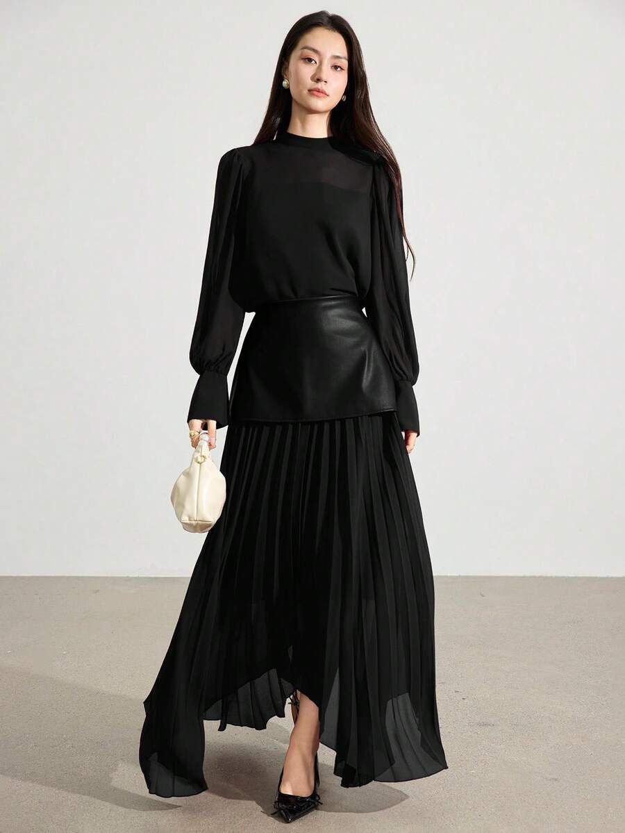 Heiryn 2件套女士优雅雪纺长袖上衣和百褶裙套装，秋季 - 黑色 - 查看 1