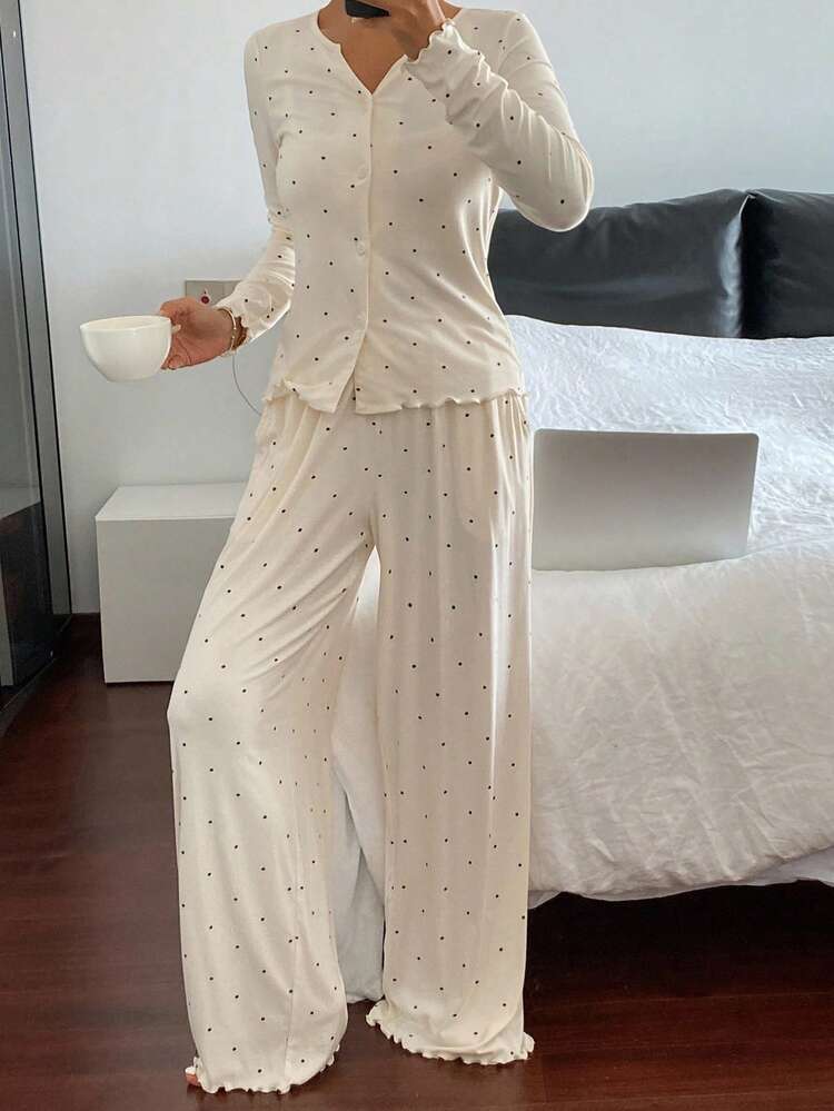 Women's Polka Dot Print Long Sleeve Button-Up Top And Pants Pajama Set, Fall Winter Clothes