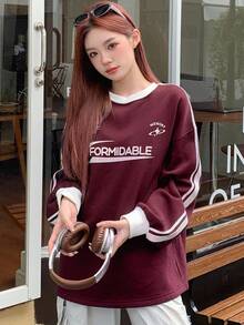 DAZY 女式休闲字母印花保暖内衬长袖运动衫 秋冬 - 酒紅色 - 查看 6