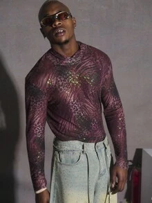 PAVTROS 男士数码网眼豹纹亮片装饰高领长袖T恤，休闲街头风 - 彩色 - 查看 5