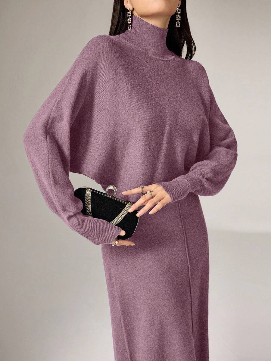 Modelyn 2件組女款休閒極簡優雅高領蝙蝠袖毛衣與洋裝套裝,秋冬兩件套 - 紫色 - 查看 1