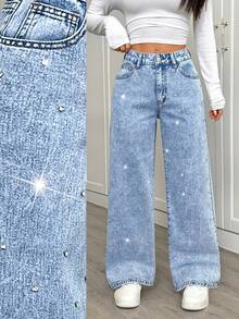 SHEIN PETITE 女士休闲街头风格水钻口袋牛仔裤秋冬派对系列圣诞新年闪亮水钻设计浅蓝色水洗直筒牛仔裤 - 中等水洗藍 - 查看 2