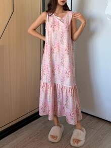 DAZY Floral Print Sleeveless Long Nightgown For Women Pajamas - Pink - View 6