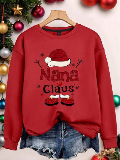 EMERY ROSE Women's Santa Hat&Boots Nana Claus Letter Graphic Print Round Neck Sweatshirt, Christmas