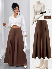Gloray Plus Size Women Casual Wide Leg Pants, Autumn - Brown - View 1