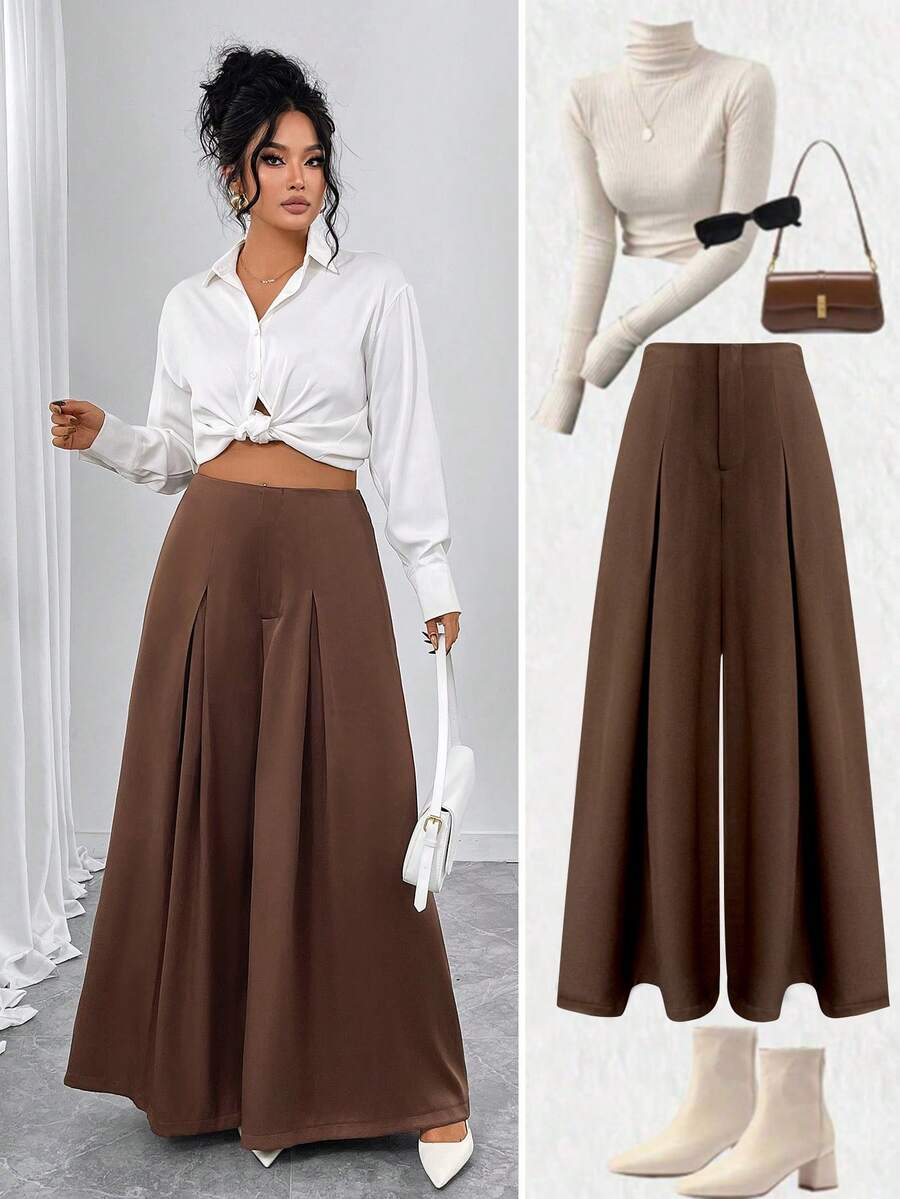 Gloray Plus Size Women Casual Wide Leg Pants, Autumn - Brown - View 1