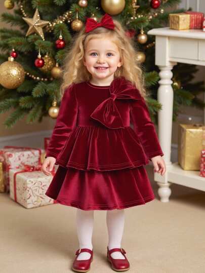 SHEIN 女宝宝纯色圆领3D蝴蝶结泡泡长袖A字型泡泡袖蛋糕裙。A字廓形适合各种体型的宝宝。3D蝴蝶结细节精致可爱；无论是玩耍还是拍照，都能让您的宝宝成为最吸睛的小公主。