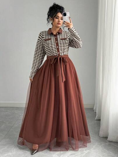 Elenzga فستان نسائي أنيق رومانسي بحجم كبير، أكمام طويلة وياقة، قصة A-line مع قماش شبكي متباين، مناسب للخريف/الشتاء