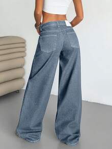 EURMUSE WOMEN LOW WAIST WIDELEG CASUAL STREET DARK BLUE WITH BACK LABEL WATER WASH - Dusty Blue - View 2