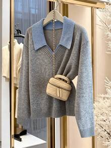 GlowEve CURVE New Fashionable Versatile Plus Size Contrast Color Collar Pullover Sweater